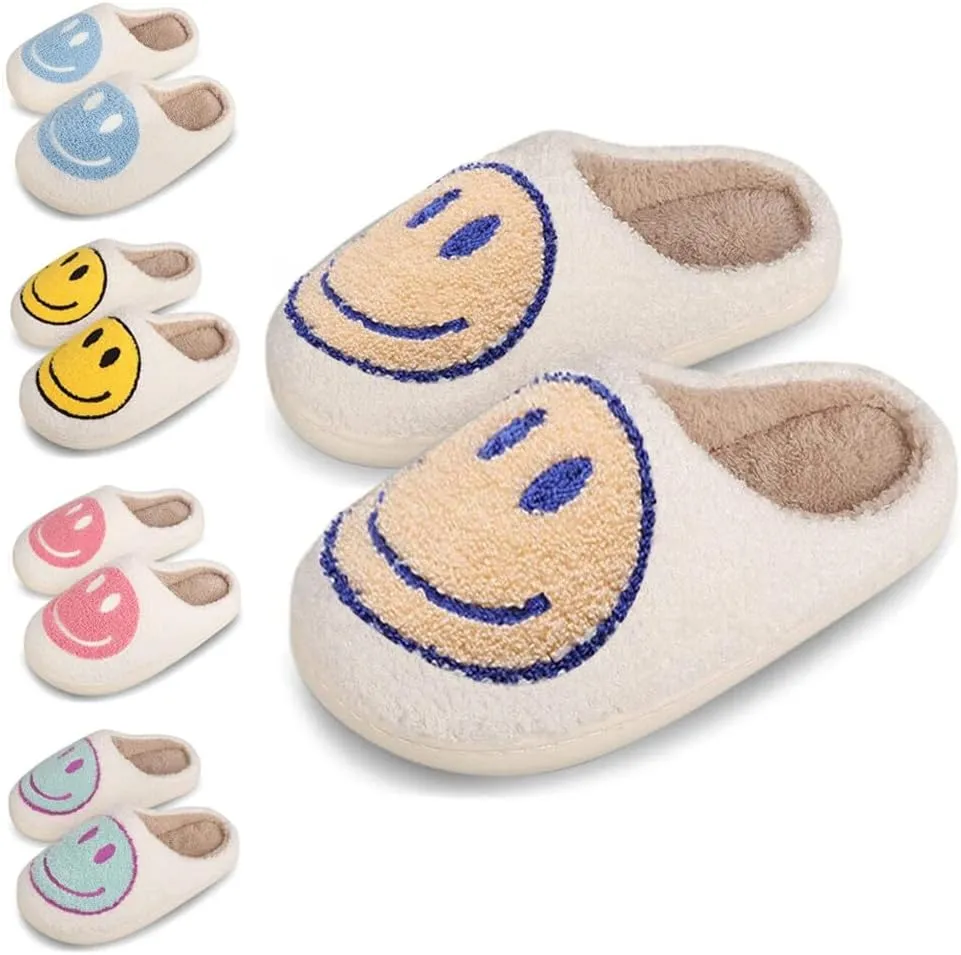 dubuto Smile Face Slippers for Girls Boys, Cute Soft Plush Anti-slip House Kids Girls Slippers with Memory Foam Warm Cartoon Happy face Shoes for Indoor Outdoor