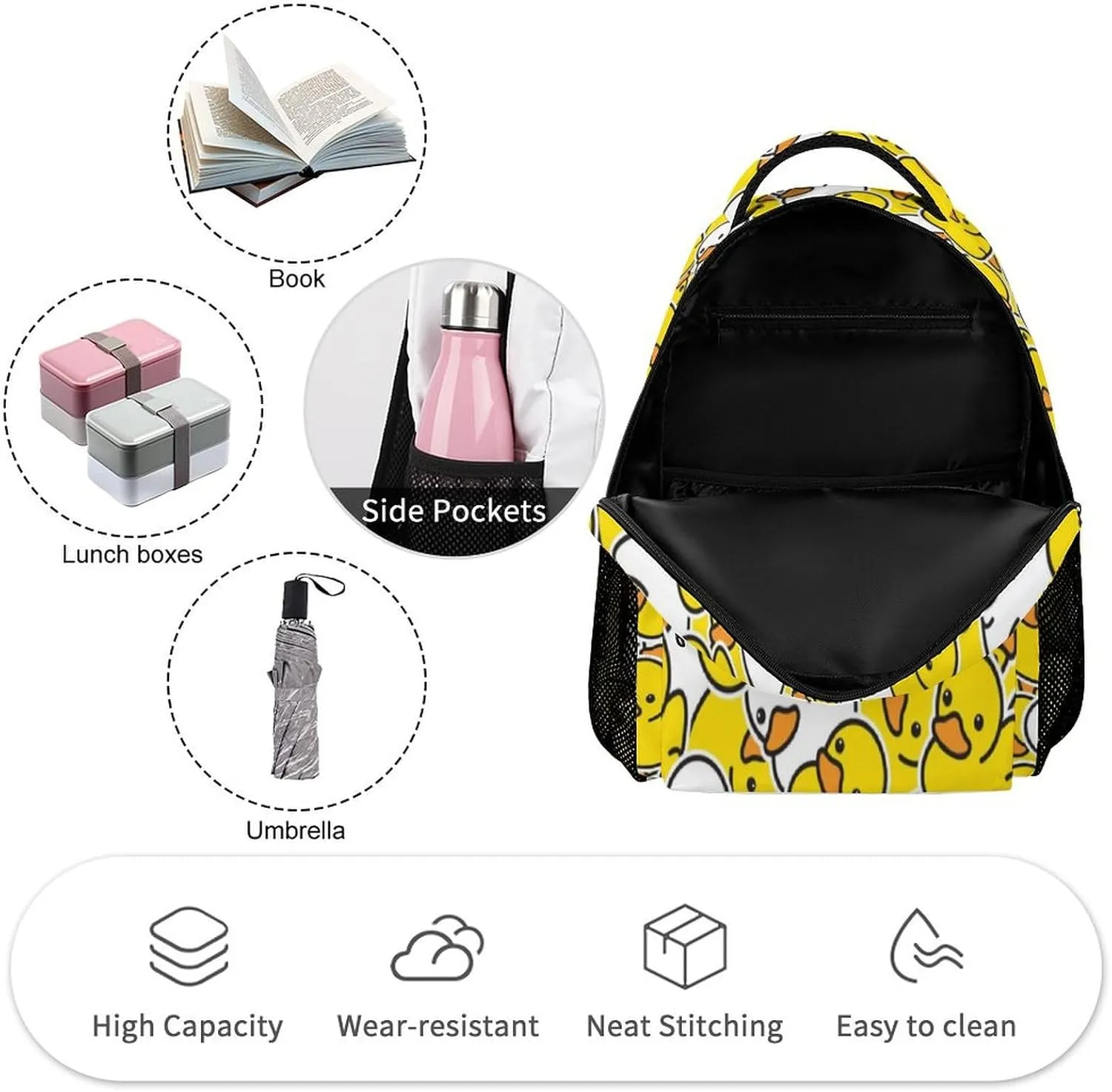 Duck Backpack for Kids Girls Boys School, 16 Inches Cute Duck Theme Bookbag, Adjustable, Lightweight, Large Capacity, Colorful Duck Backpack for School