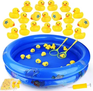 Duck Matching Toys for Kids - 20 Plastic Ducks with Numbers, 34" x 7" Kiddie Pool | Storage Bag and 2 Nets - Fun Memory Game - Water Outdoor Game for Children, Preschoolers, Birthday Party Carnival