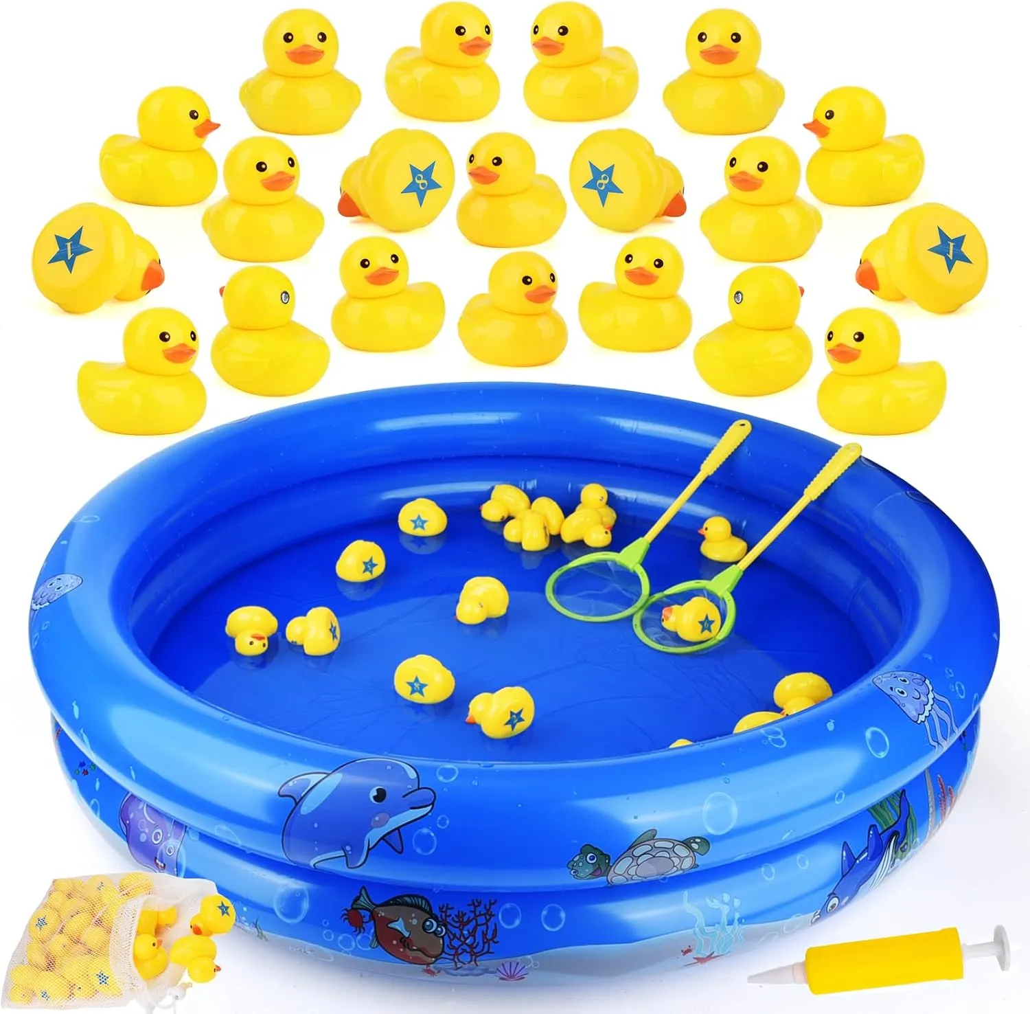 Duck Matching Toys for Kids - 20 Plastic Ducks with Numbers, 34" x 7" Kiddie Pool | Storage Bag and 2 Nets - Fun Memory Game - Water Outdoor Game for Children, Preschoolers, Birthday Party Carnival