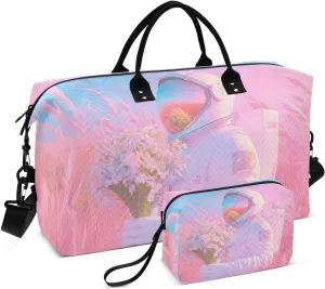Duffel Bag for Traveling, Astronaut Flower Gym Bags with Multiple Interior Pockets for Women Men Toiletry Purse Included 20.5”x 1.9” x 13.8”
