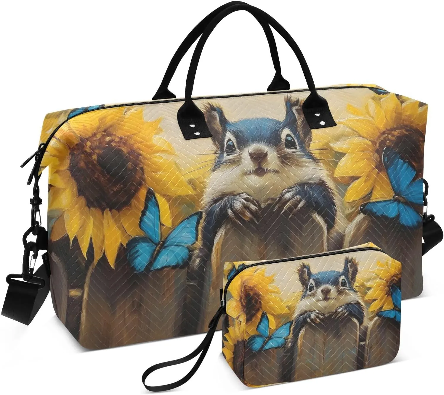Duffel Bag for Traveling, Squirrel Fence Sunflower Gym Bags with Multiple Interior Pockets for Women Men Toiletry Purse Included 20.5”x 1.9” x 13.8”