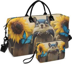 Duffel Bag for Traveling, Squirrel Fence Sunflower Gym Bags with Multiple Interior Pockets for Women Men Toiletry Purse Included 20.5”x 1.9” x 13.8”