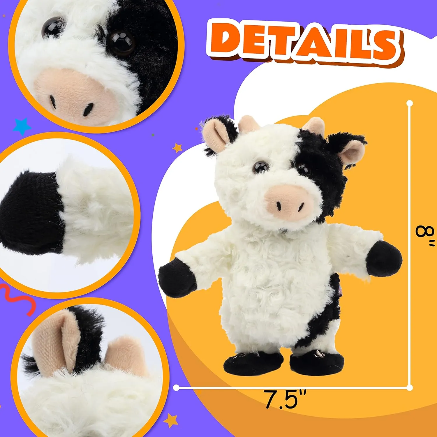 Easfan Walking Cow Repeats What You Say Stuffed Animal Talking Singing Barking Electric Interactive Plush Toy Funny Cattle Birthday for Kids Toddlers,8’’
