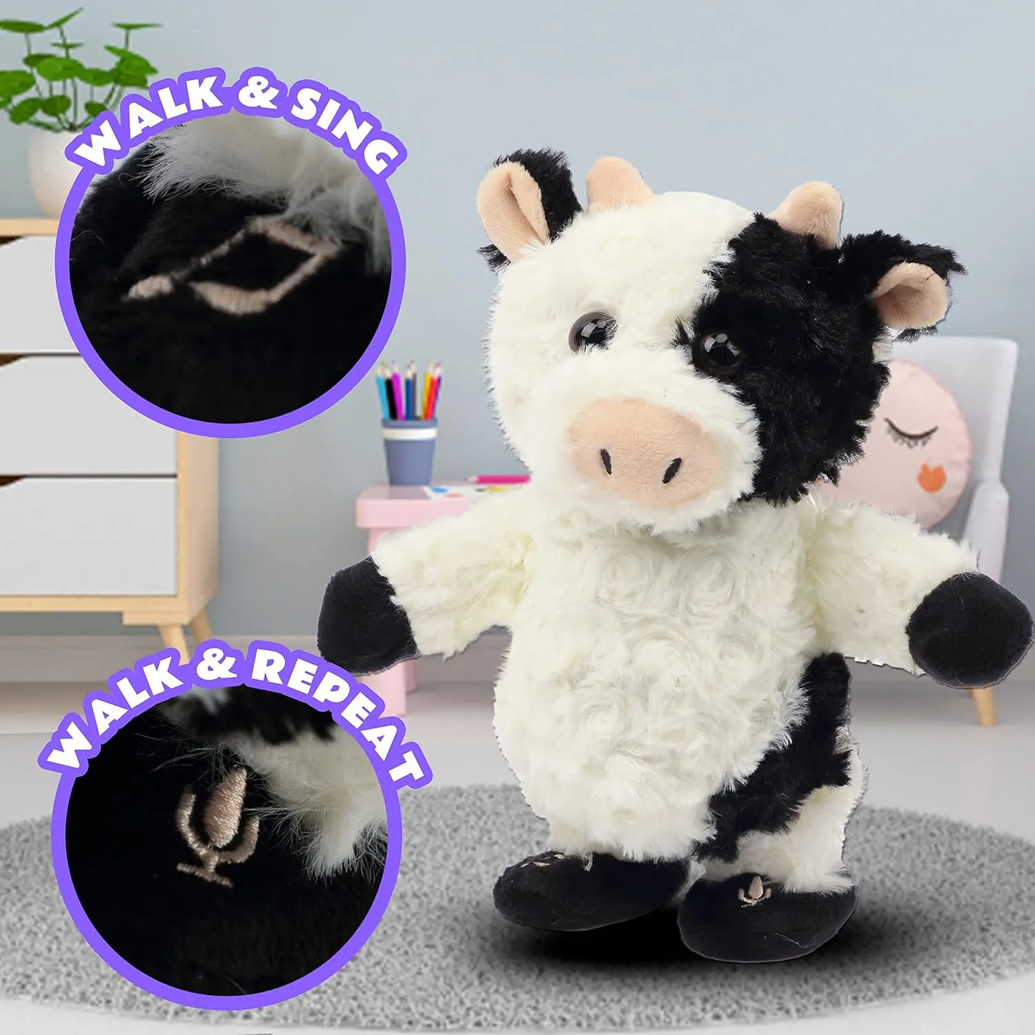 Easfan Walking Cow Repeats What You Say Stuffed Animal Talking Singing Barking Electric Interactive Plush Toy Funny Cattle Birthday for Kids Toddlers,8’’