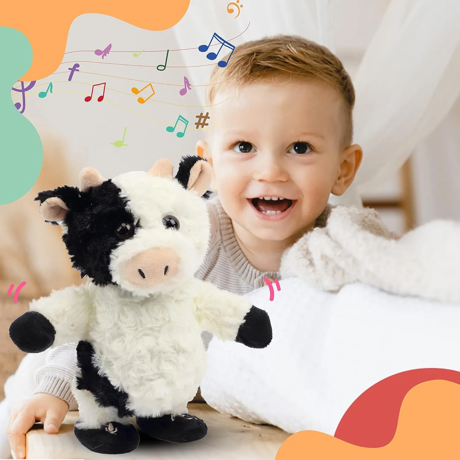 Easfan Walking Cow Repeats What You Say Stuffed Animal Talking Singing Barking Electric Interactive Plush Toy Funny Cattle Birthday for Kids Toddlers,8’’