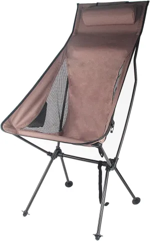 Easy Carry Camping Chair Portable Moon Outdoor Folding with Headrest Side Pocket Aluminum Alloy Frame Heavy Duty Lightweight Backpacking Hiking Coffee