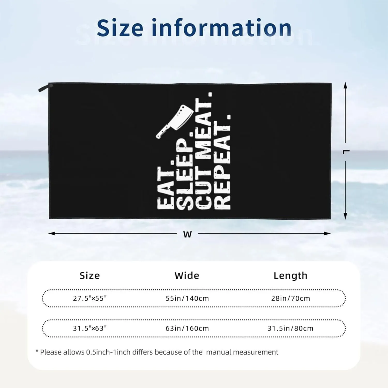 Eat Sleep Cut Meat Repeat Beach Towel with Travel Bag 27.5"x55" Quick Dry Sand Free Lightweight Large Oversized Towels Light Vacation Essentials