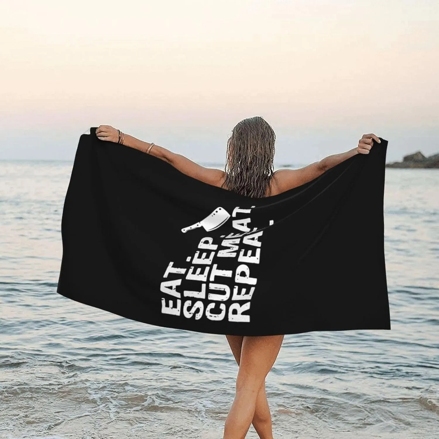 Eat Sleep Cut Meat Repeat Beach Towel with Travel Bag 27.5"x55" Quick Dry Sand Free Lightweight Large Oversized Towels Light Vacation Essentials