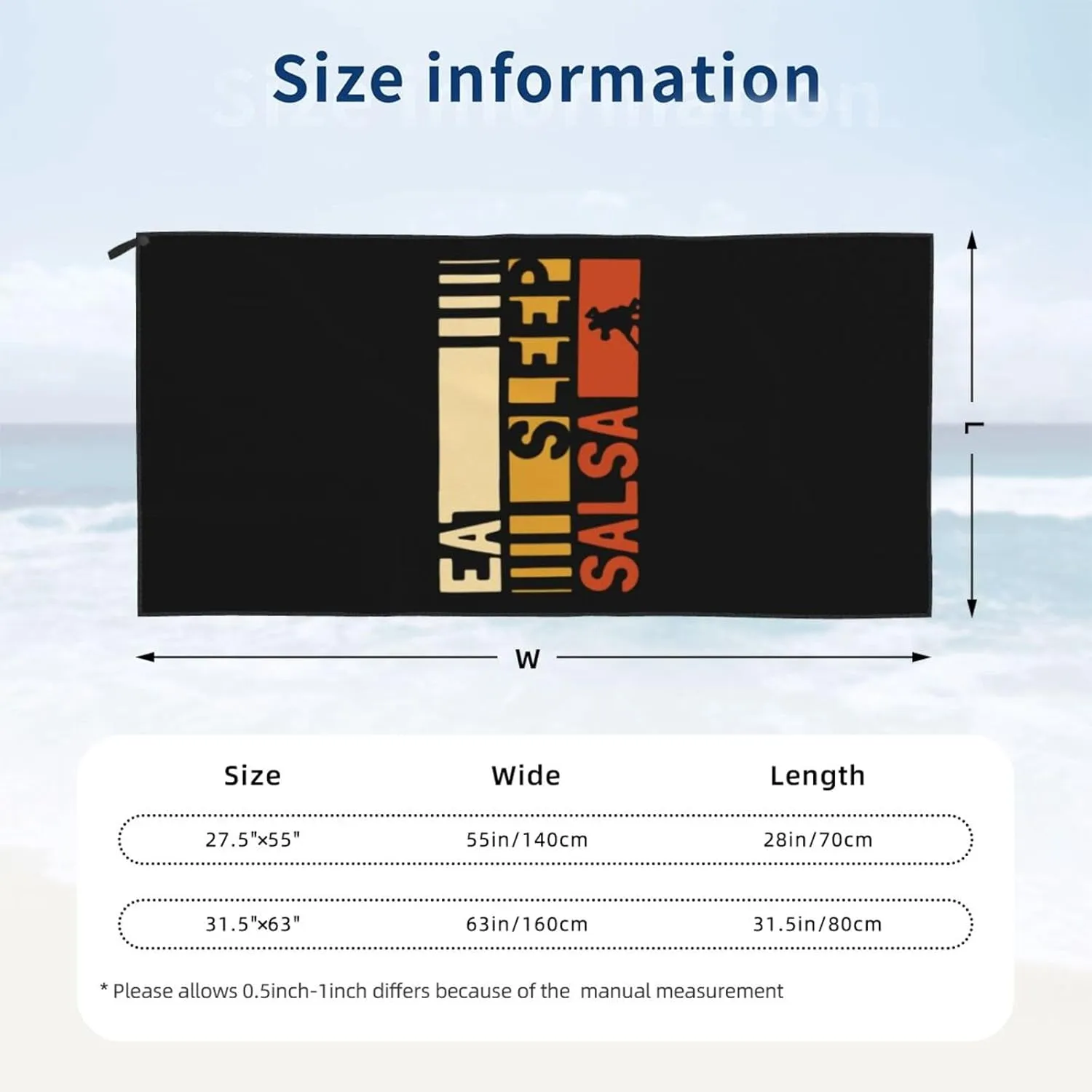 Eat Sleep Salsa Repeat Beach Towel with Travel Bag 27.5"x55" Quick Dry Sand Free Lightweight Large Oversized Towels Light Vacation Essentials