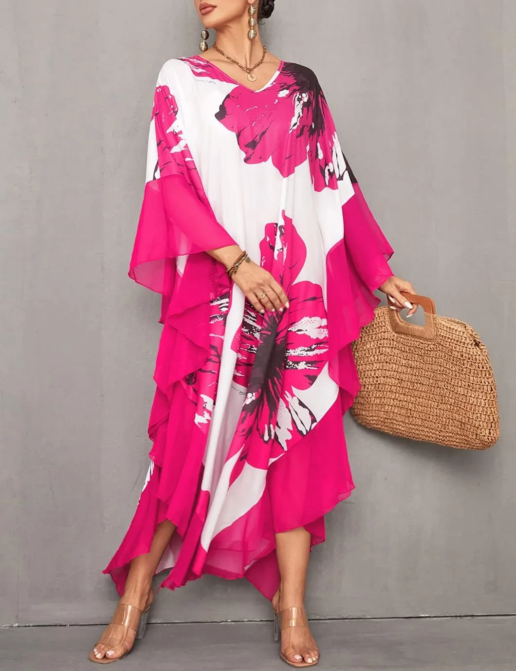 Eddoyee Chiffon Loose Kaftan Dresses for Women Beach Caftan Swimsuit Cover Up