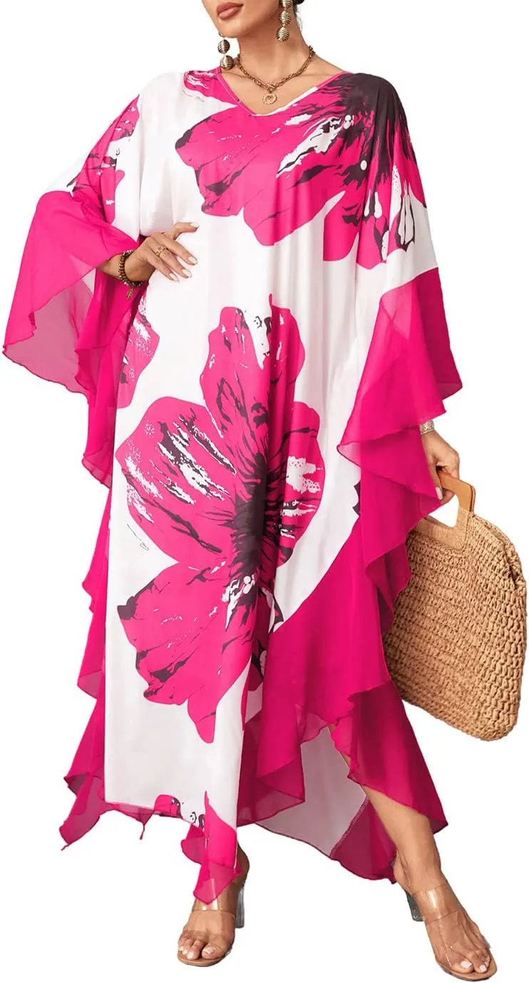 Eddoyee Chiffon Loose Kaftan Dresses for Women Beach Caftan Swimsuit Cover Up