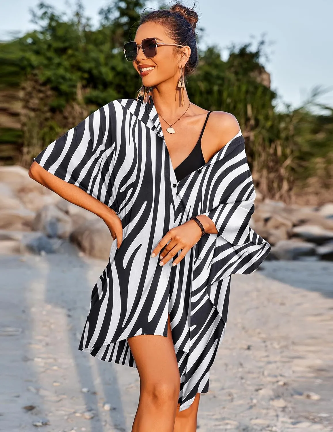 Ekouaer Women's Swimsuit Cover Up 3/4 Sleeve Beachwear Bikini Coverups Button Down Oversized Cover Up Shirt S-3XL