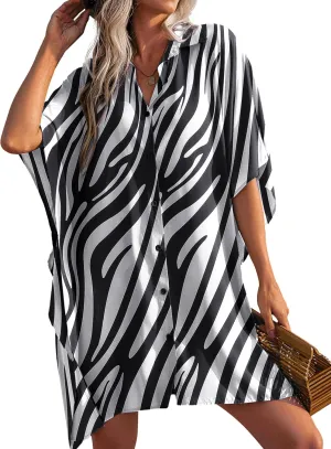 Ekouaer Women's Swimsuit Cover Up 3/4 Sleeve Beachwear Bikini Coverups Button Down Oversized Cover Up Shirt S-3XL