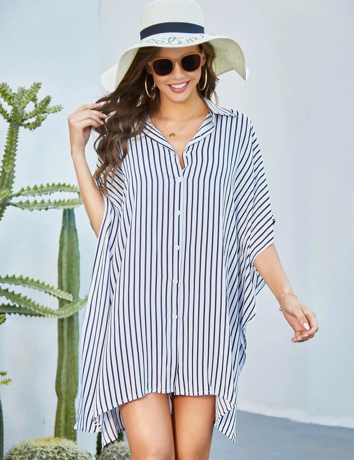 Ekouaer Women's Swimsuit Cover Up 3/4 Sleeve Beachwear Bikini Coverups Button Down Oversized Cover Up Shirt S-3XL