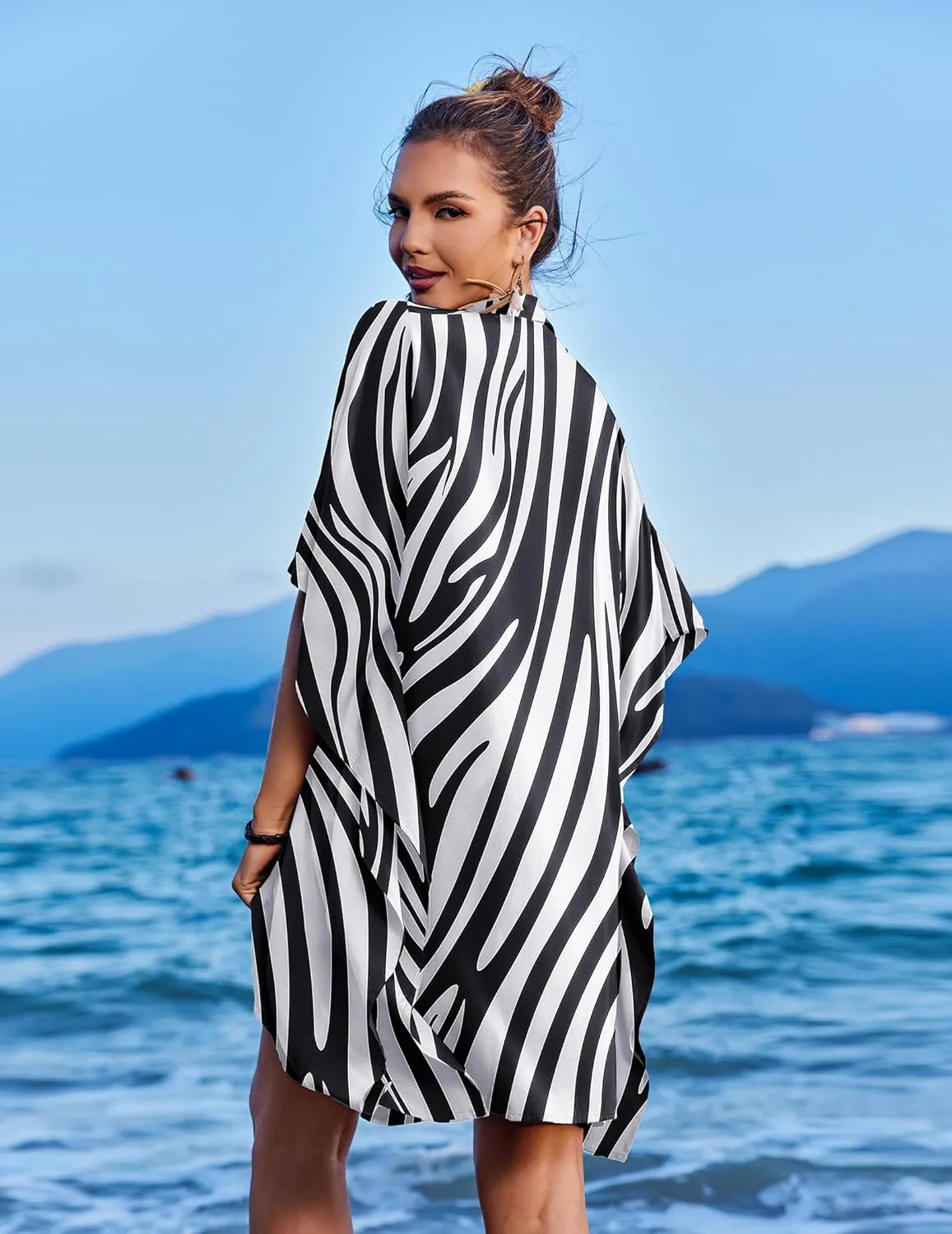 Ekouaer Women's Swimsuit Cover Up 3/4 Sleeve Beachwear Bikini Coverups Button Down Oversized Cover Up Shirt S-3XL