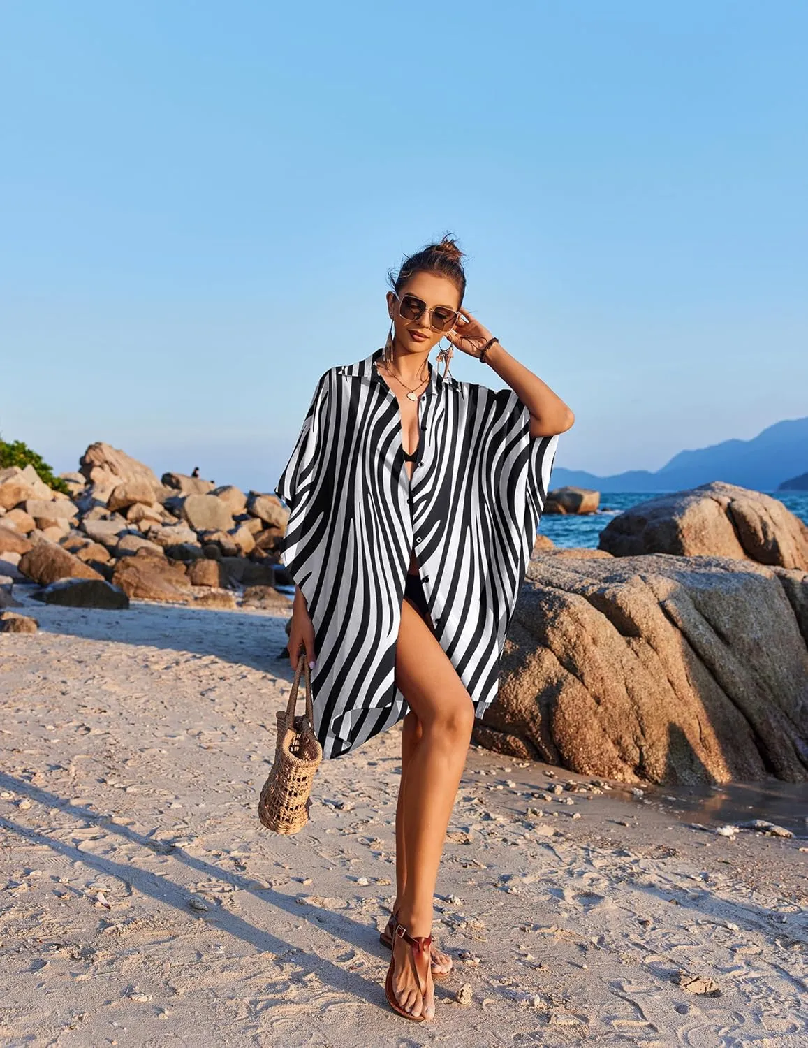 Ekouaer Women's Swimsuit Cover Up 3/4 Sleeve Beachwear Bikini Coverups Button Down Oversized Cover Up Shirt S-3XL