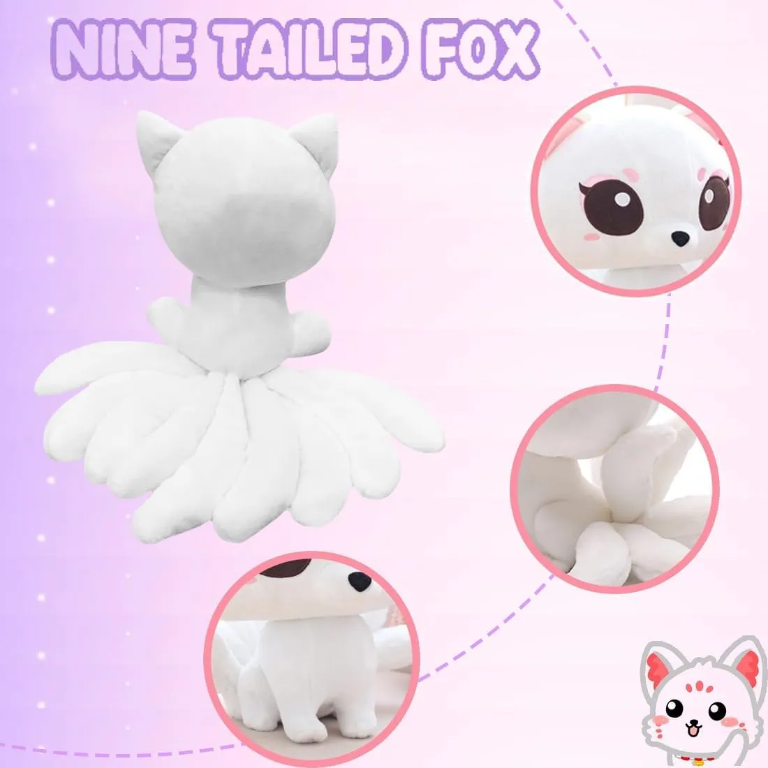ELAINREN Cartoon Nine-Tailed Fox Plush Toy Ultra-Soft White Fox Stuffed Animals Kawaii Kyuubi Kitsune Plushie Dolls Gifts/9.8''x12.9''