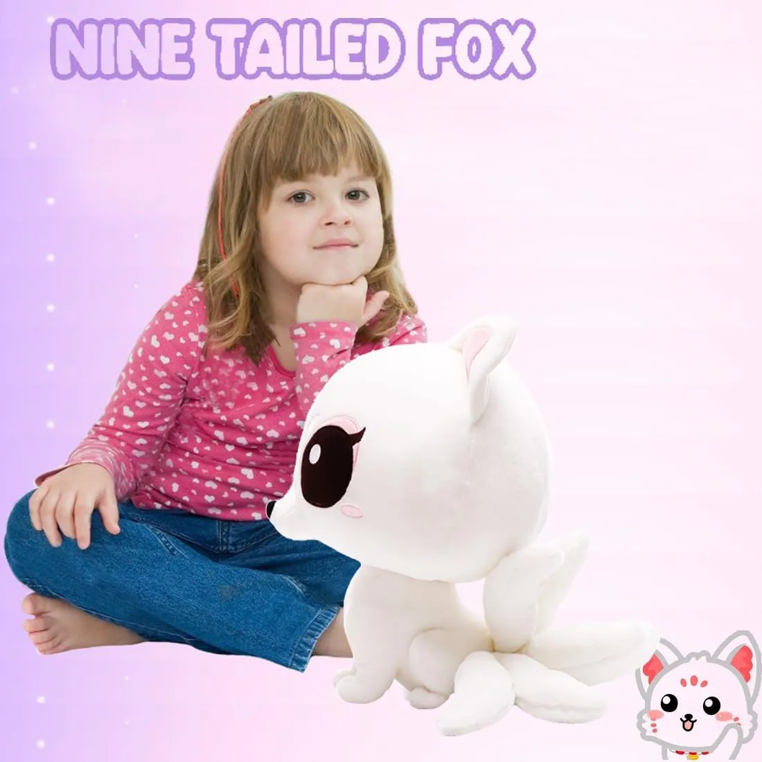 ELAINREN Cartoon Nine-Tailed Fox Plush Toy Ultra-Soft White Fox Stuffed Animals Kawaii Kyuubi Kitsune Plushie Dolls Gifts/9.8''x12.9''