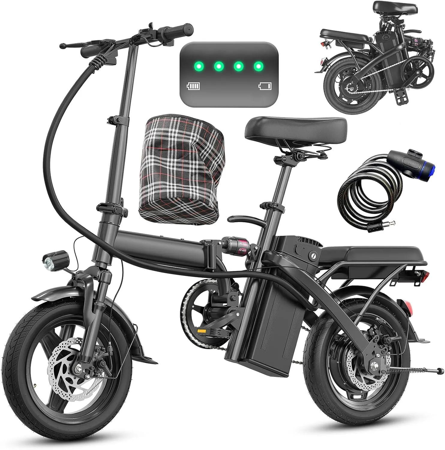 Electric Bike for Adults Teens, Folding E-Bike,Commuter City Foldable ebike with 560W Motor and 48V 10Ah Battery, 24MPH Speed Assist, Dual Disc Brakes,14" Compact Electric bicycle with Basket (Black)