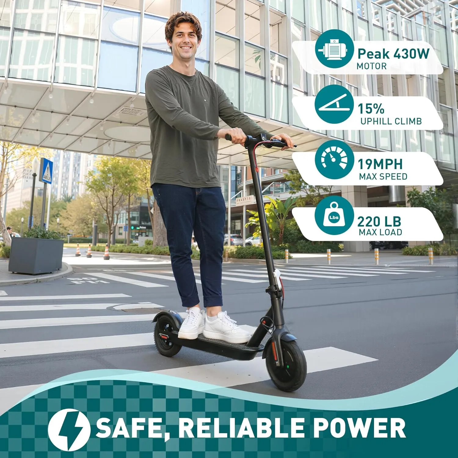 Electric Scooter with 430W Peak Motor for Adults, 10" Shock Absorbing Tires, Up to 17-Mile Range & 19 MPH Speed Portable Folding Commuting E Scooter with Dual Breaking System