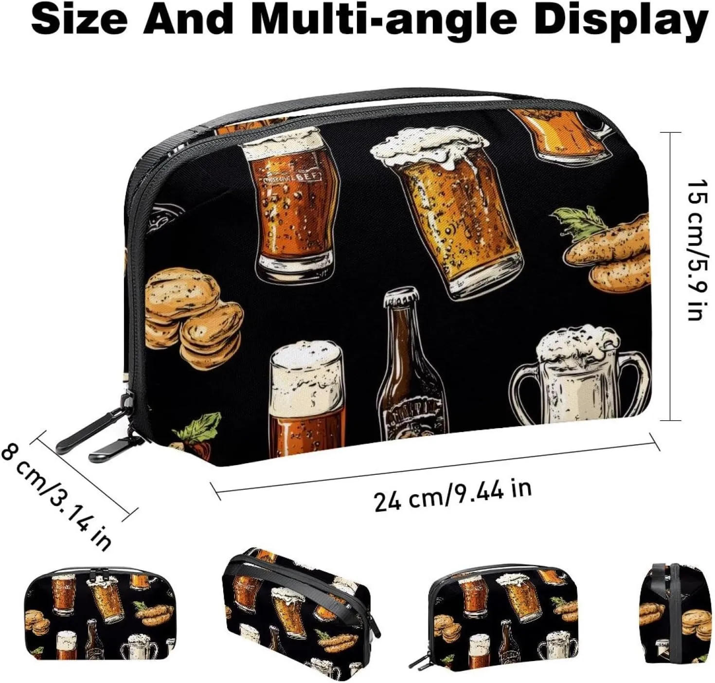 Electronics Organizer, Glasses and Bottles with Snacks Black Background Small Travel Cable Organizer Carrying Bag, Compact Tech Case Bag for Electronic Accessories, Cords, Charger, USB, Hard Drives