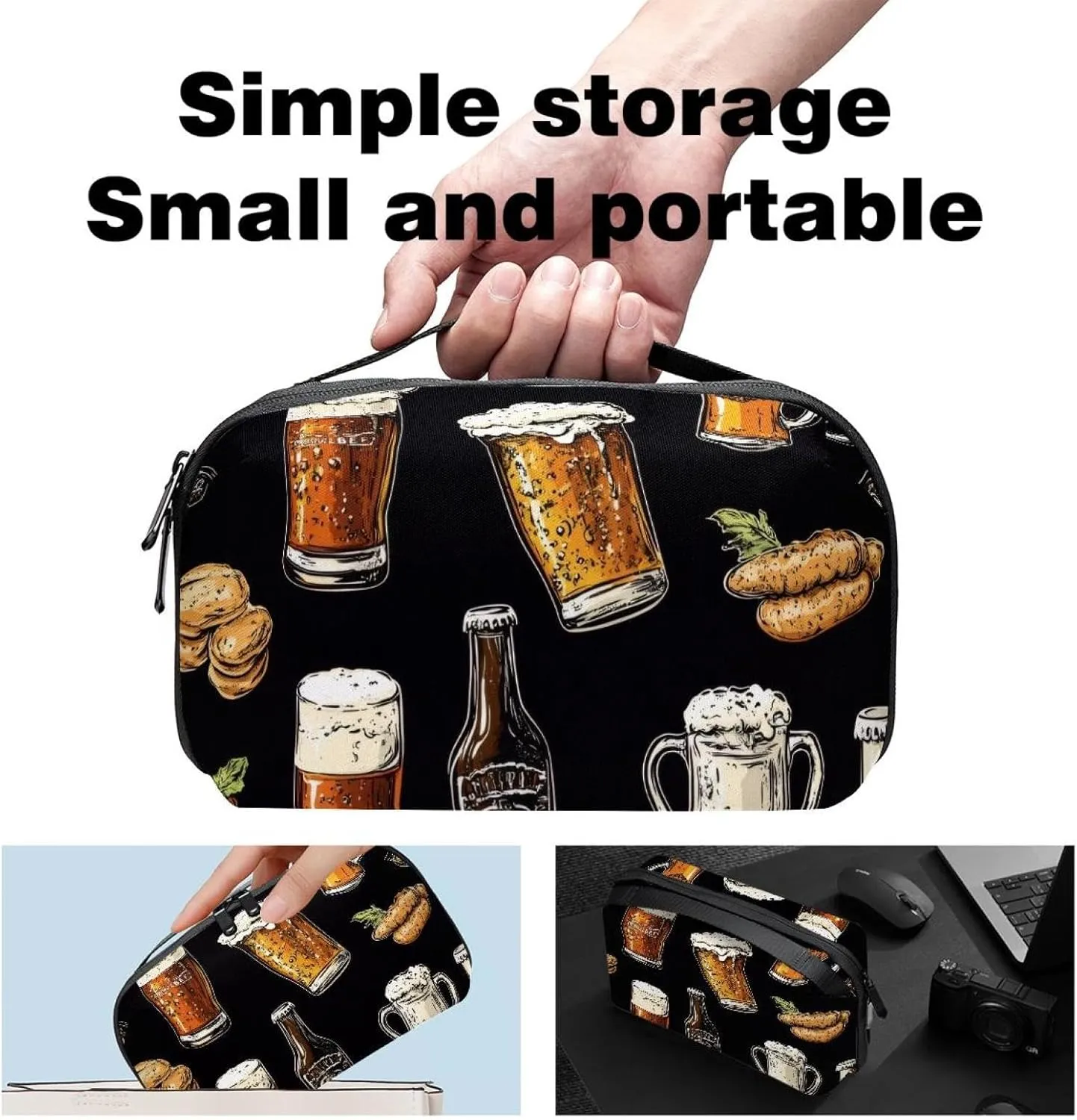 Electronics Organizer, Glasses and Bottles with Snacks Black Background Small Travel Cable Organizer Carrying Bag, Compact Tech Case Bag for Electronic Accessories, Cords, Charger, USB, Hard Drives
