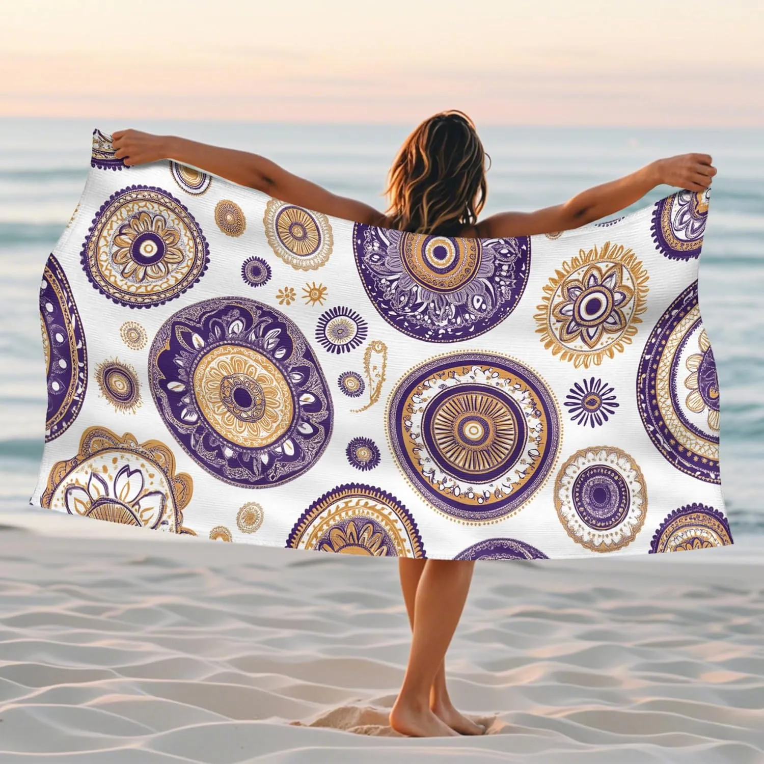 Elegant Geometric Microfiber Beach Towel Violet Mandala Patterns Quick Dry Absorbent Sand Free Oversized Lightweight Beach Blanket, Vacation Picnic Essentials 62x31 Inch