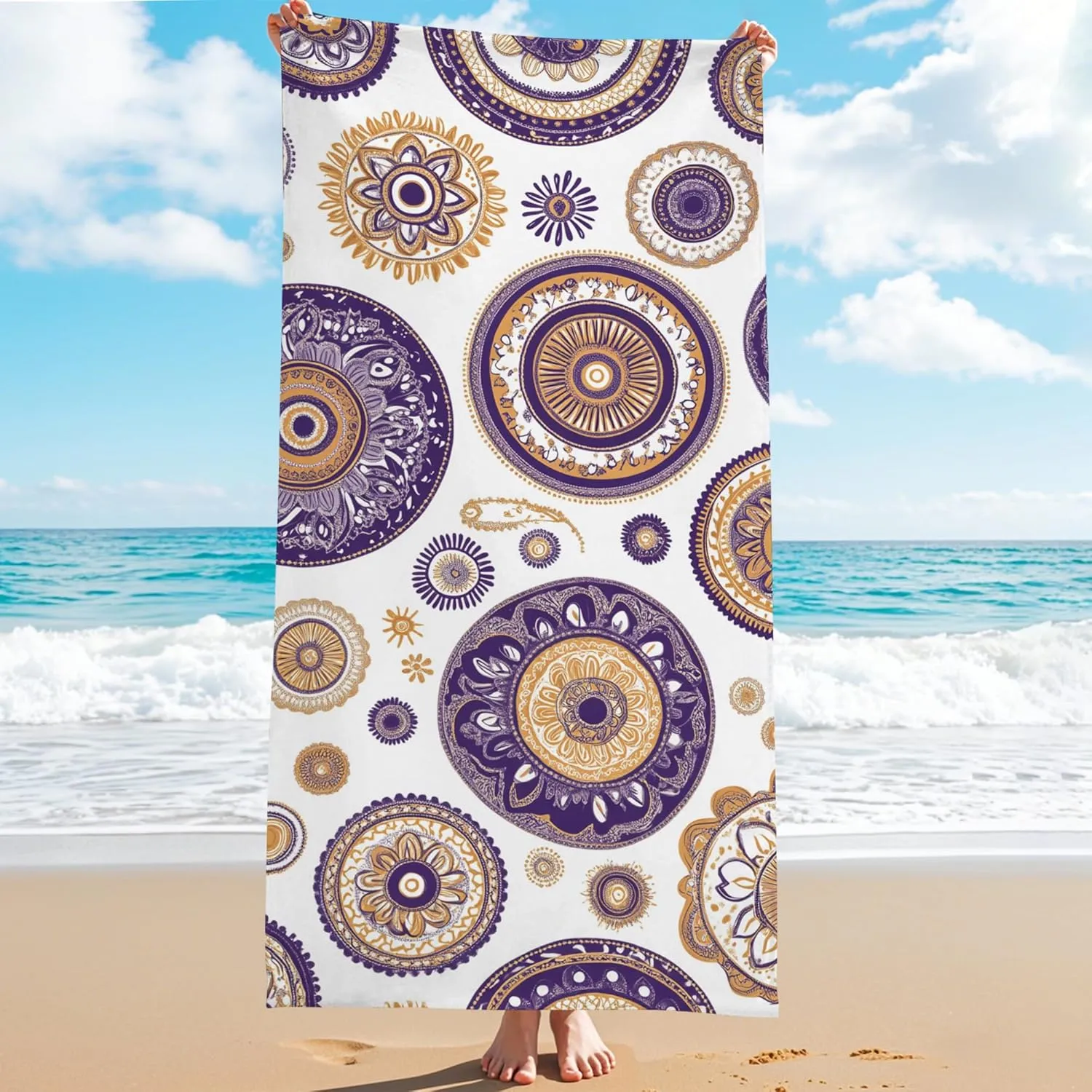 Elegant Geometric Microfiber Beach Towel Violet Mandala Patterns Quick Dry Absorbent Sand Free Oversized Lightweight Beach Blanket, Vacation Picnic Essentials 62x31 Inch