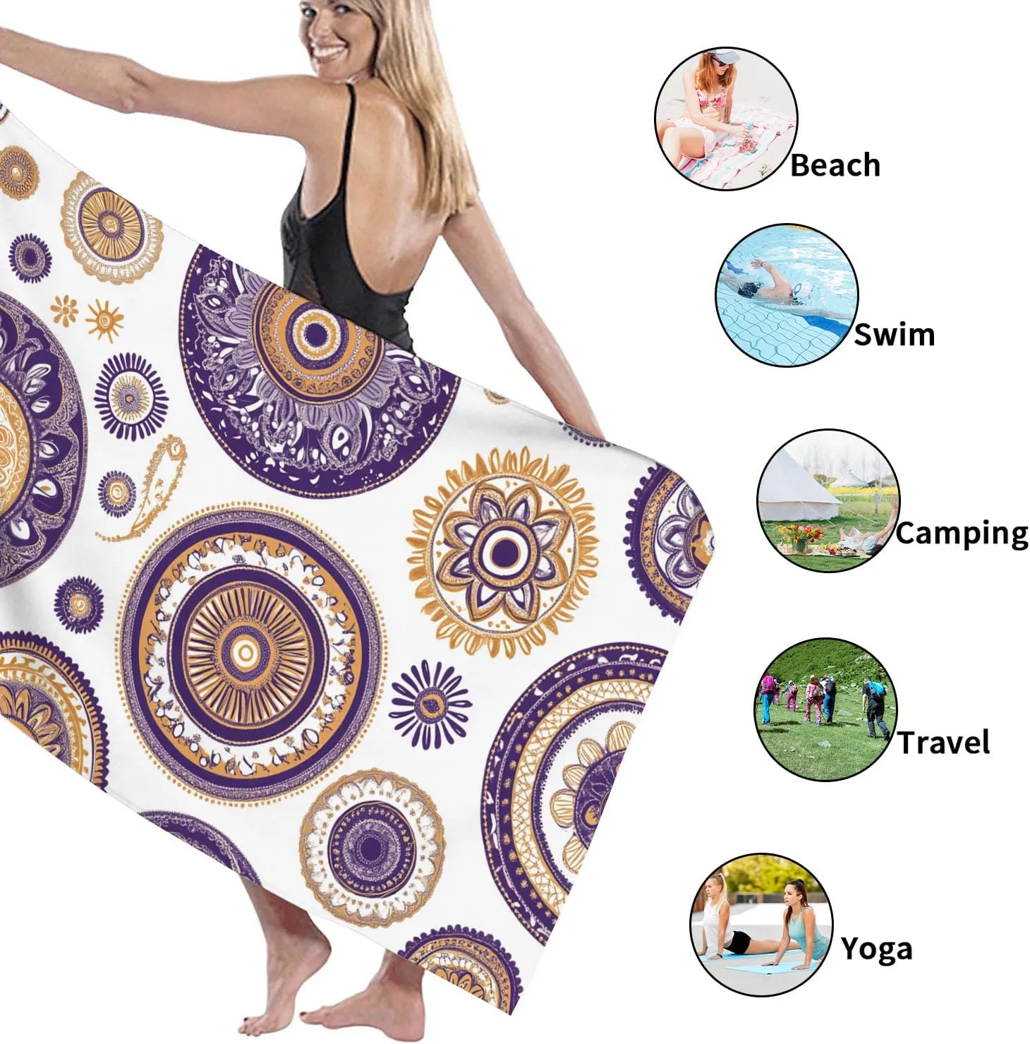 Elegant Geometric Microfiber Beach Towel Violet Mandala Patterns Quick Dry Absorbent Sand Free Oversized Lightweight Beach Blanket, Vacation Picnic Essentials 62x31 Inch