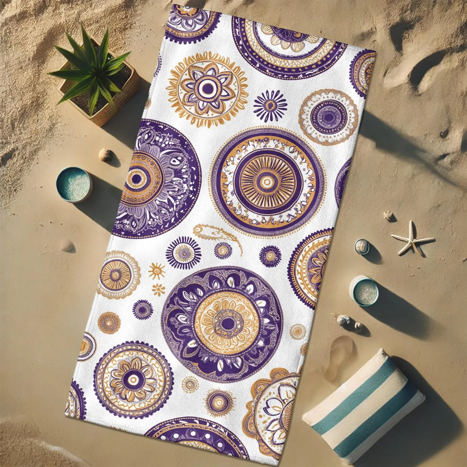 Elegant Geometric Microfiber Beach Towel Violet Mandala Patterns Quick Dry Absorbent Sand Free Oversized Lightweight Beach Blanket, Vacation Picnic Essentials 62x31 Inch