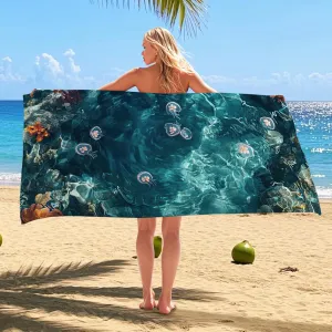 Elegant Ocean Blue Beach Towel Microfiber Quick Dry Absorbent Soft Sand Free Lightweight Beach Blanket, Outdoor Travel Picnic Essentials 62x31 Inch