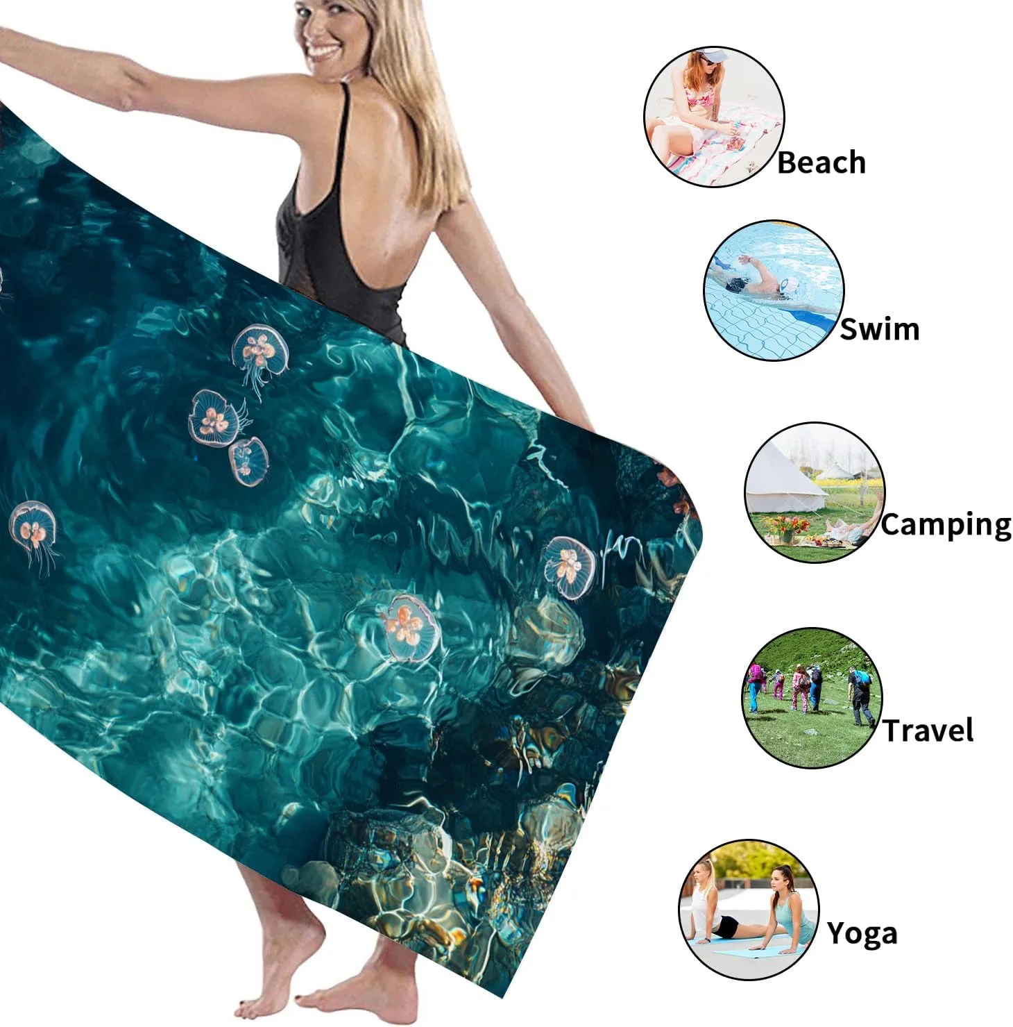 Elegant Ocean Blue Beach Towel Microfiber Quick Dry Absorbent Soft Sand Free Lightweight Beach Blanket, Outdoor Travel Picnic Essentials 62x31 Inch