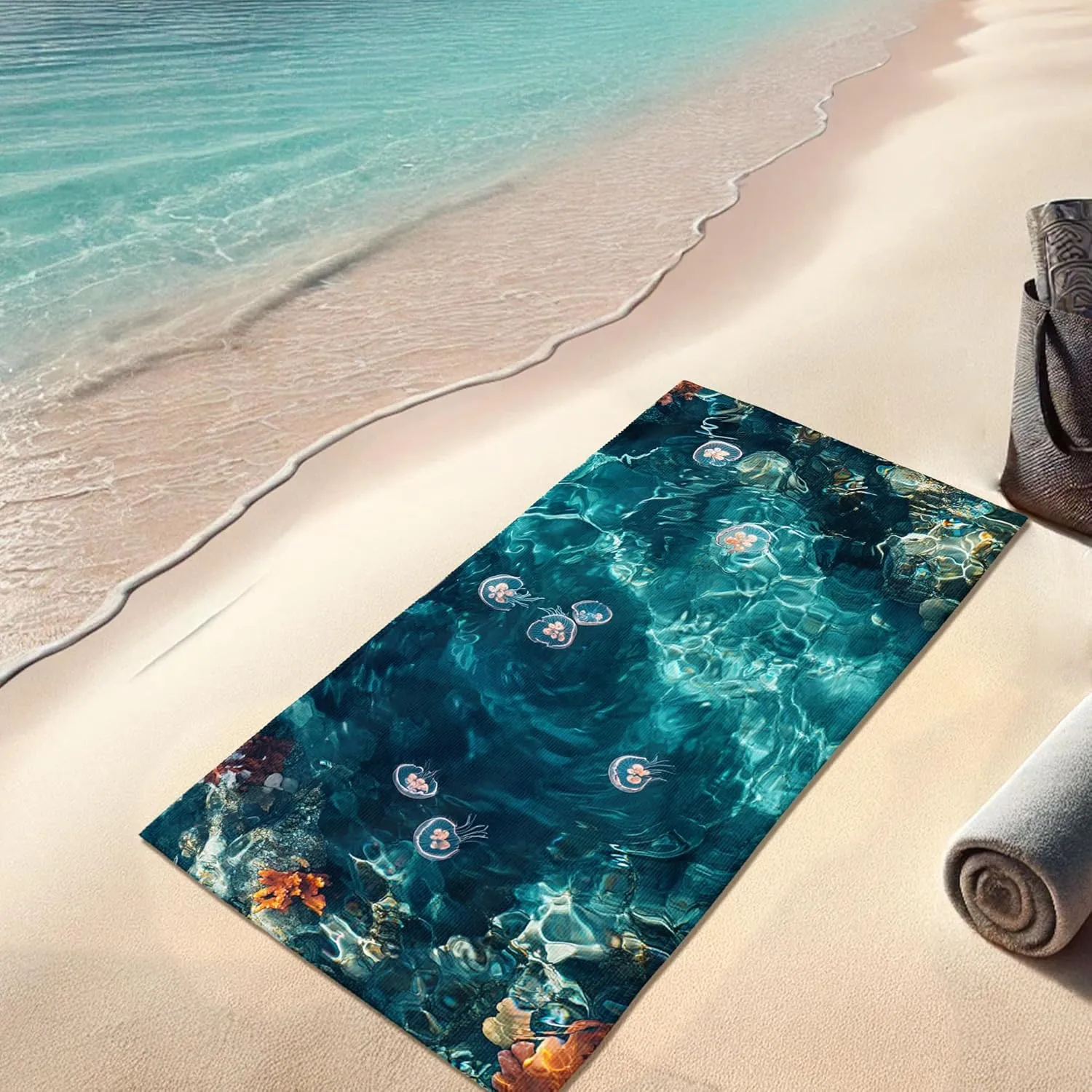 Elegant Ocean Blue Beach Towel Microfiber Quick Dry Absorbent Soft Sand Free Lightweight Beach Blanket, Outdoor Travel Picnic Essentials 62x31 Inch
