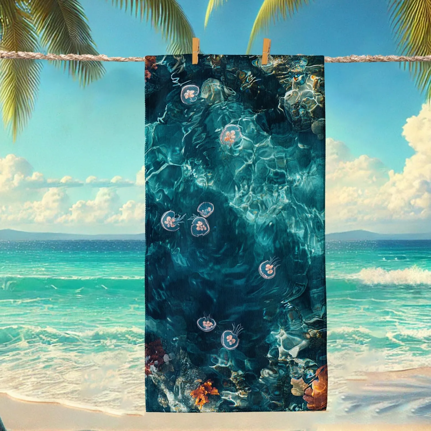 Elegant Ocean Blue Beach Towel Microfiber Quick Dry Absorbent Soft Sand Free Lightweight Beach Blanket, Outdoor Travel Picnic Essentials 62x31 Inch