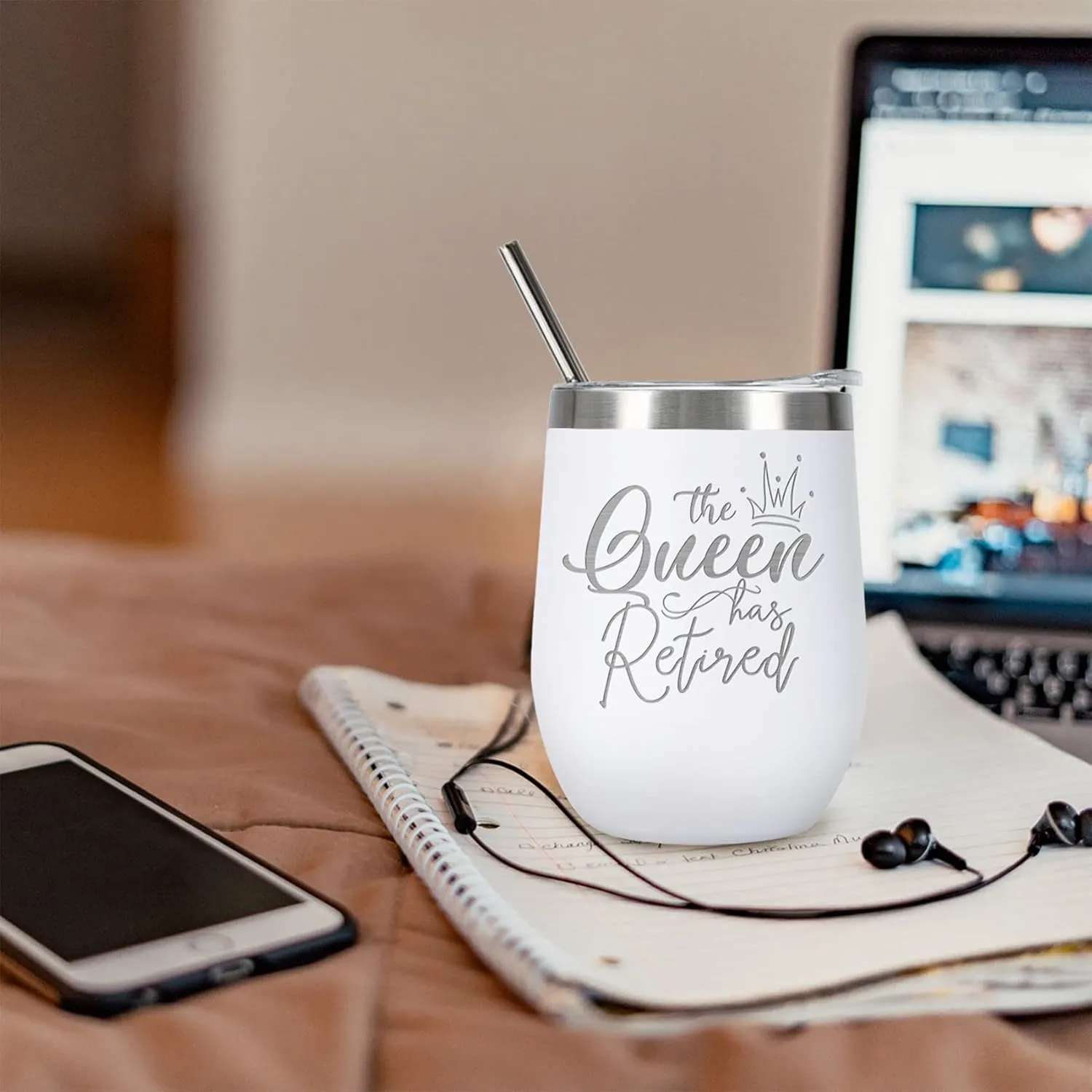 ELEGANTPARK Retirement Wine Tumbler Retirement Gifts for Women 2025 The Queen Has Retired Gifts for Coworkers Friends Lady Boss Mom Teacher Tumbler with Lid and Straw 12 OZ White