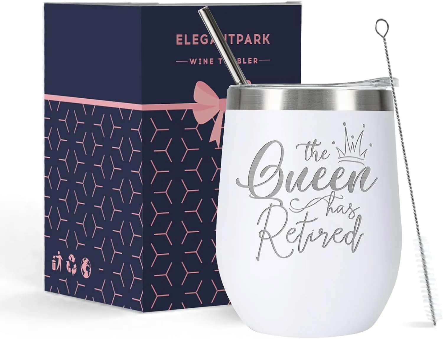 ELEGANTPARK Retirement Wine Tumbler Retirement Gifts for Women 2025 The Queen Has Retired Gifts for Coworkers Friends Lady Boss Mom Teacher Tumbler with Lid and Straw 12 OZ White