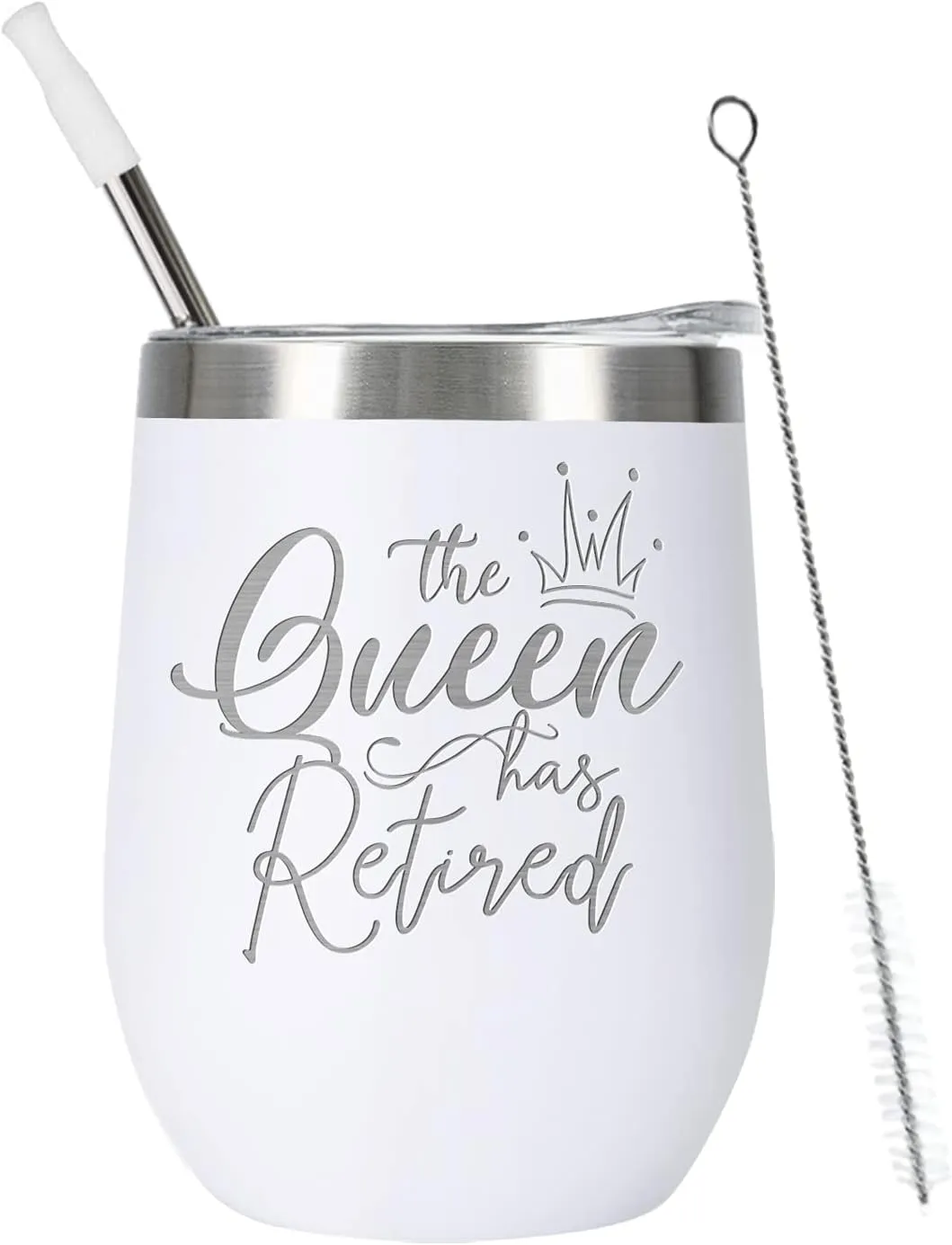 ELEGANTPARK Retirement Wine Tumbler Retirement Gifts for Women 2025 The Queen Has Retired Gifts for Coworkers Friends Lady Boss Mom Teacher Tumbler with Lid and Straw 12 OZ White