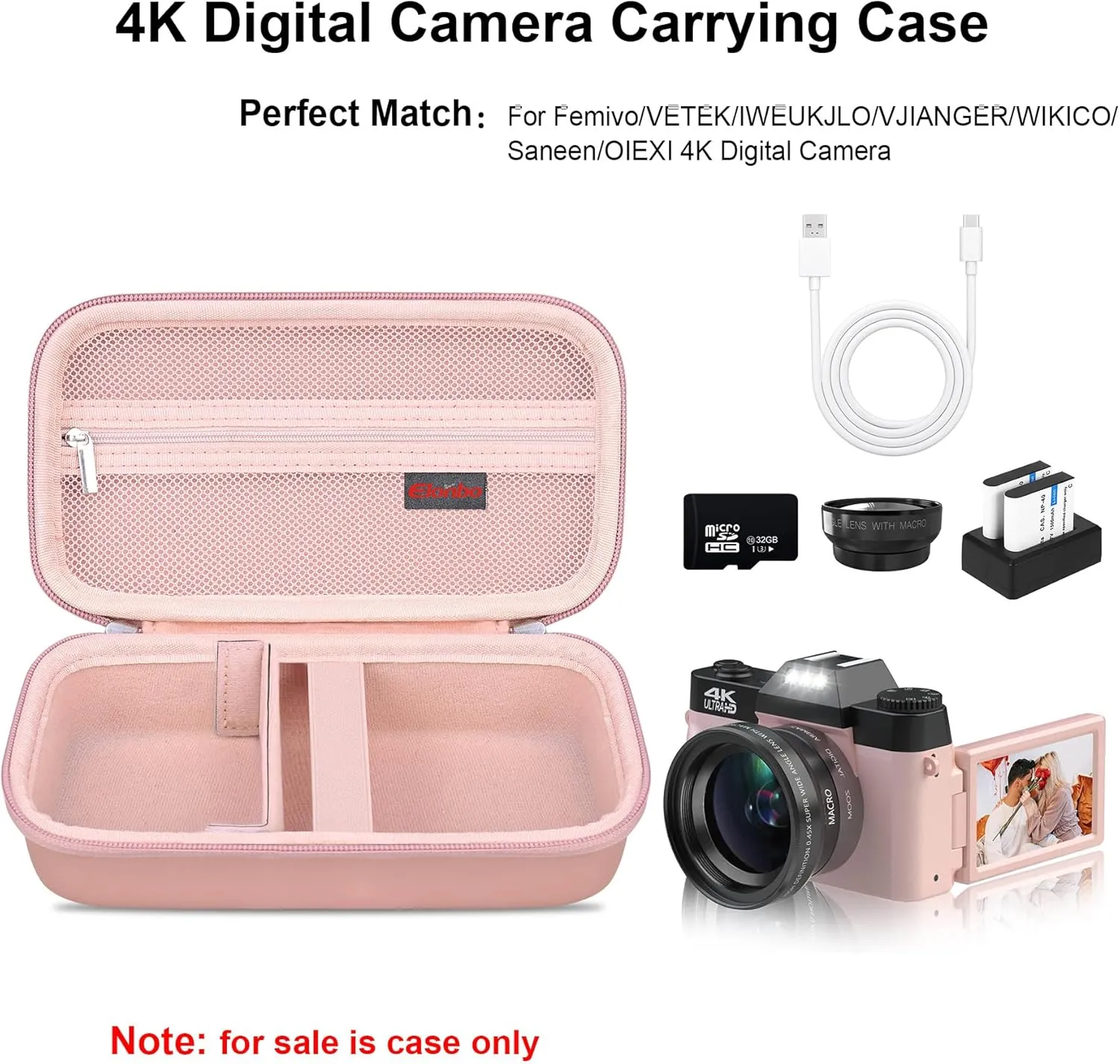 Elonbo 4K Digital Camera Carrying Case for Femivo/VETEK/IWEUKJLO/VJIANGER/WIKICO/Saneen/OIEXI 4K 48MP Vlogging Camera, Travel Compact Camera Storage Cover Bag Organizer Holder, Rose Gold