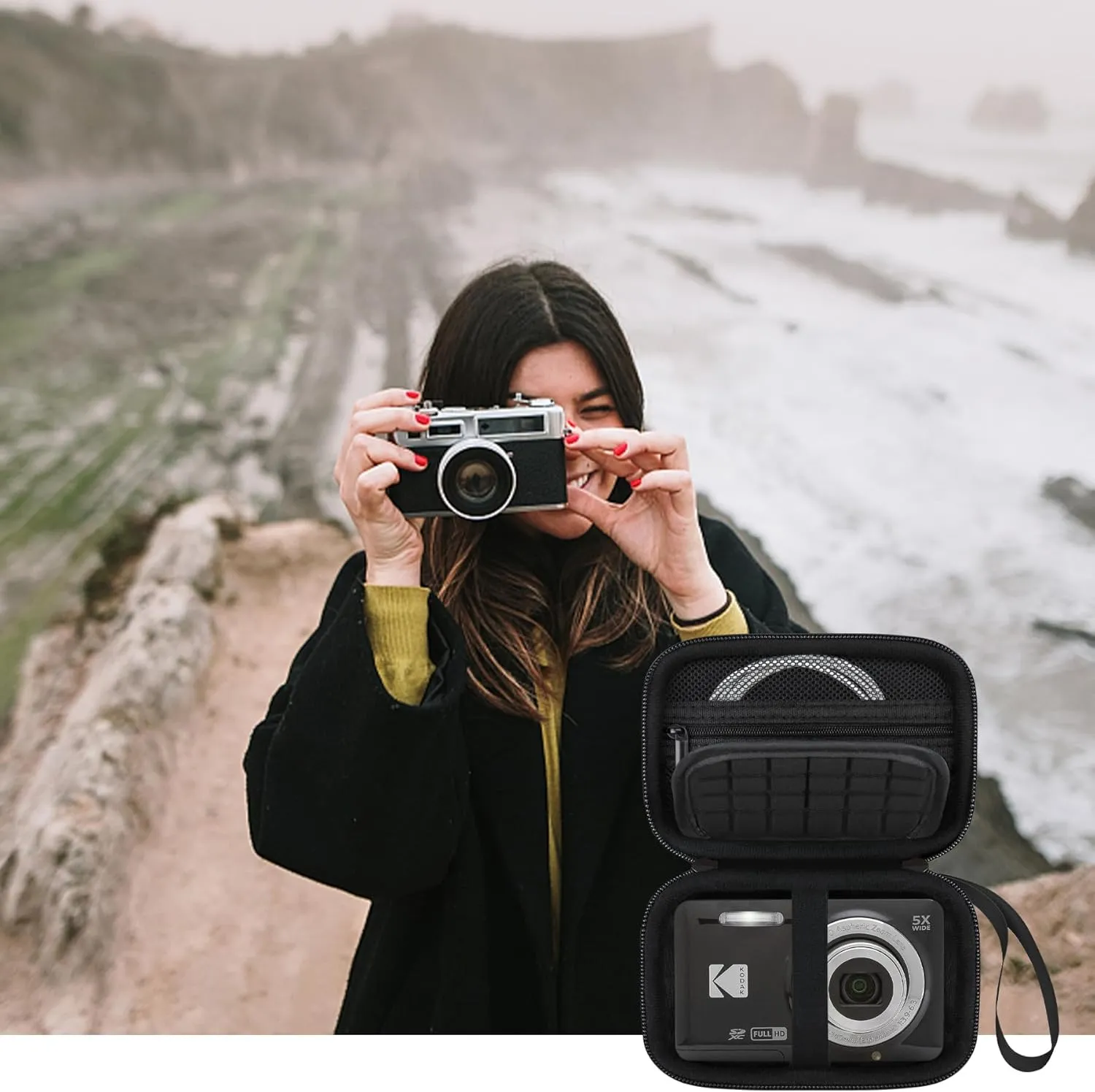 Elonbo Camera Carrying Case for KODAK PIXPRO FZ55 / FZ53 / FZ45 / FZ43 16MP Digital Camera, Vlogging Camera Storage Holder Travel Bag, ​Mesh Bag Fits Batteries, Cable, Memory Card, Card Reader, Black