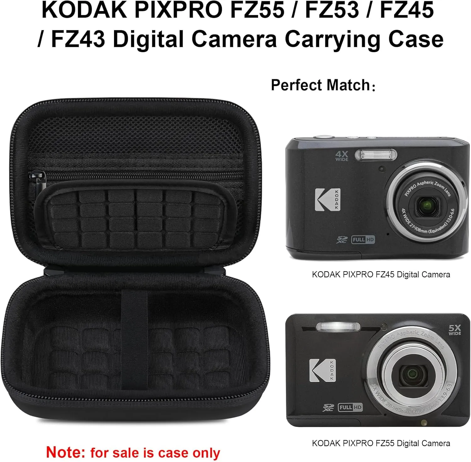Elonbo Camera Carrying Case for KODAK PIXPRO FZ55 / FZ53 / FZ45 / FZ43 16MP Digital Camera, Vlogging Camera Storage Holder Travel Bag, ​Mesh Bag Fits Batteries, Cable, Memory Card, Card Reader, Black