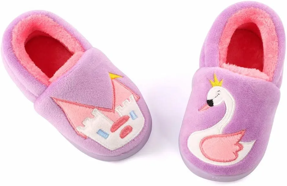 ESTAMICO Girls Cute Cartoon Slippers with Memory Foam Kids Plush Warm Winter House Shoes