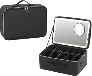 Extra Large PU Cosmetics Train Case with LED Lighted Mirror Rechargeable 3 Color Lights Portable Makeup Artist Organizer with Adjustable Dividers Shoulder Strap (Lighted Cosemtic Case)