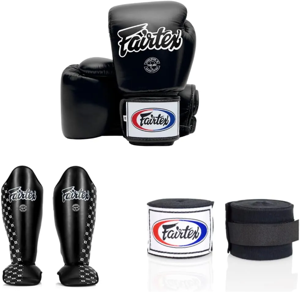 Fairtex Muay Thai Glove & Handwrap   Shin Guards - Black, Medium Size
