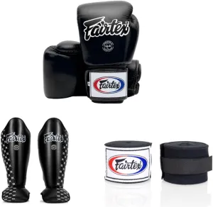 Fairtex Muay Thai Glove & Handwrap   Shin Guards - Black, Medium Size