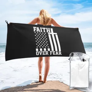 Faith Over Fear Patriotic Faithful Christian Beach Towel with Travel Bag 31.5"x63" Quick Dry Sand Free Lightweight Large Oversized Towels Light Vacation Essentials
