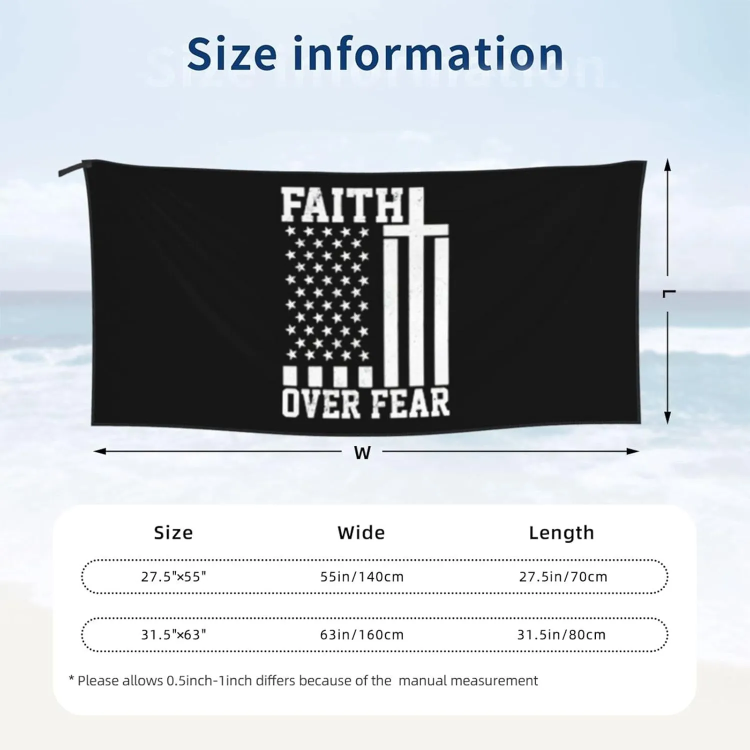 Faith Over Fear Patriotic Faithful Christian Beach Towel with Travel Bag 31.5"x63" Quick Dry Sand Free Lightweight Large Oversized Towels Light Vacation Essentials