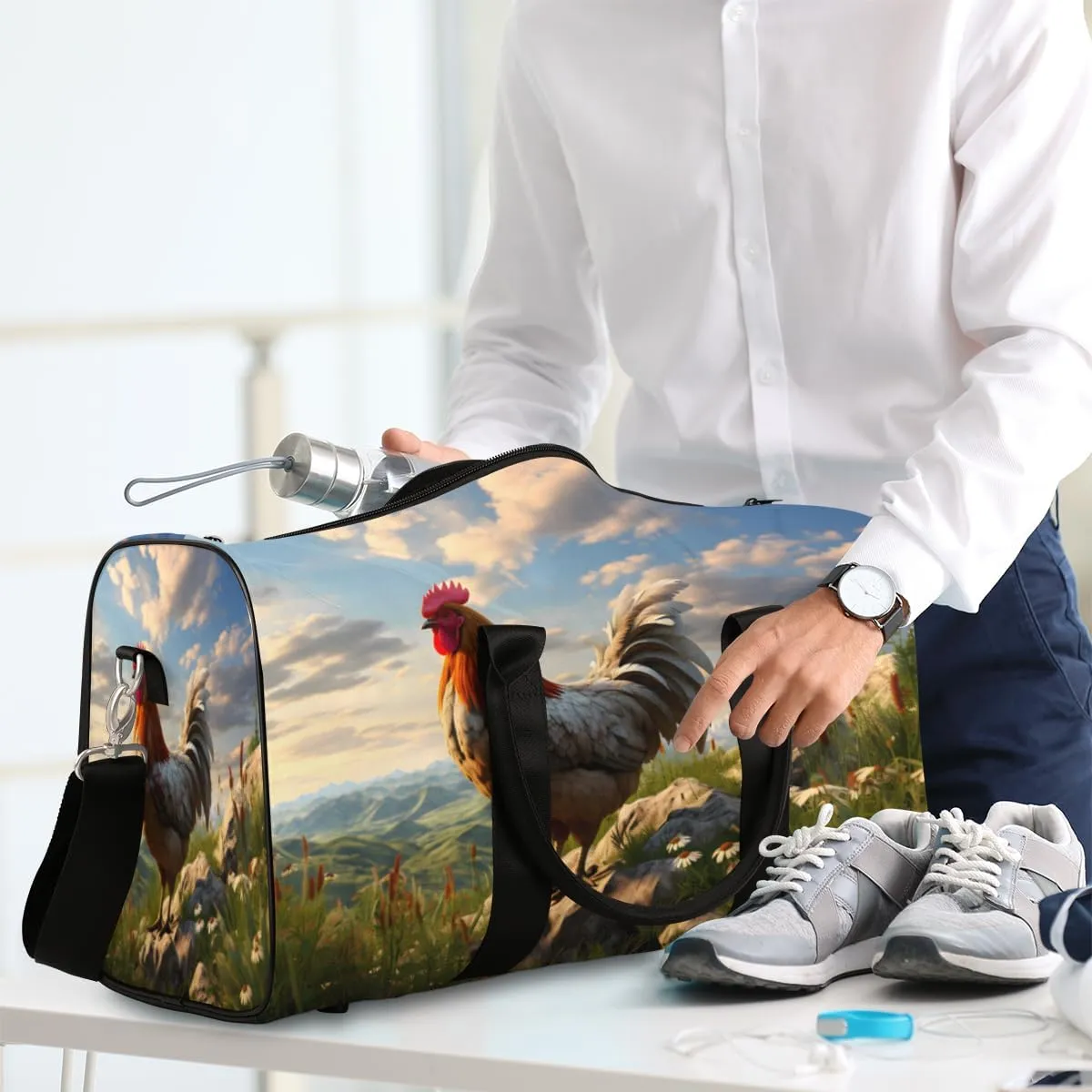 Farmhouse Chicken Travel Duffle Bag, Sports Gym Bags for Women Men, Carry On Weekender Overnight Workout Airplane Trips Bag