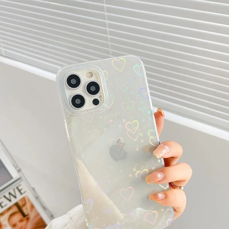 Fashion Gradient Laser Love Heart Pattern Clear Phone Case For iPhone 11 12 Pro Max X XS XR 7 8 Plus SE 2020 Shockproof Bumper