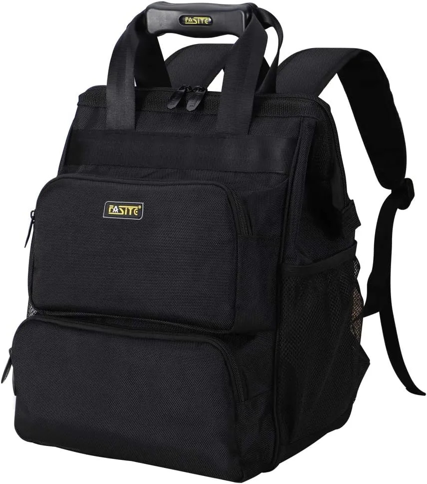 FASITE Tool Bag Backpack, Heavy Duty Durable Electrician Work Pack for Hand Tools, Waterproof Tool Storage & Organizer for a Contractor, Plumber, HVAC, Cable Repairman, Black